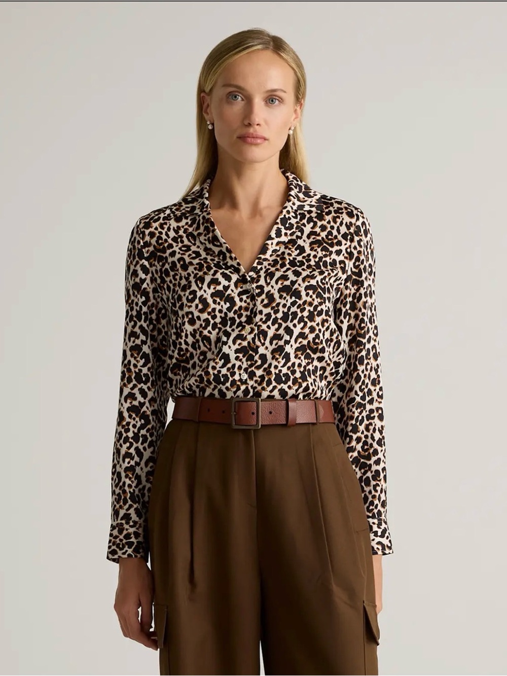 Quince Leopard Print V-Neck Long-Sleeve Top - Brown/Black/Cream